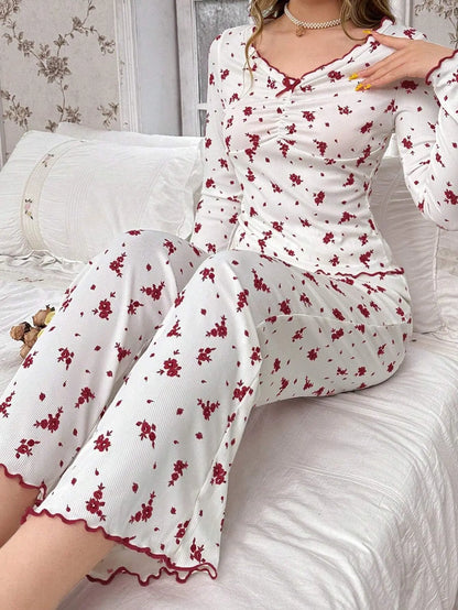 Round Neck Floral Printed Long Sleeve Home Wear Loungewear Set