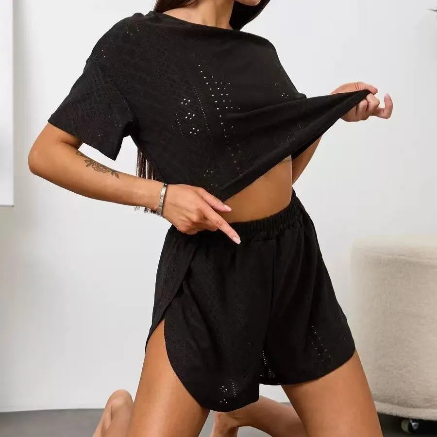 Sexy Split Shorts Crew Neck Top Pajamas Set