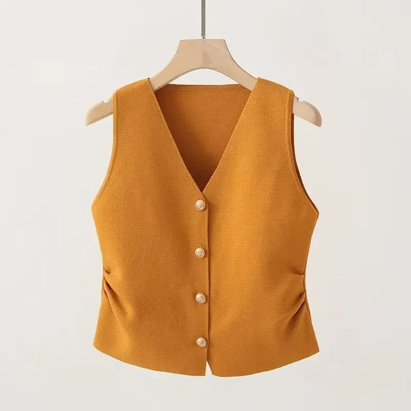 Gold Button Front Vest V-Neck Ruched Waist Sleeveless Knit Jacket