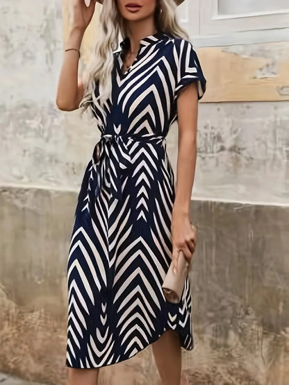Elegant V-neck Short Sleeved Stripe Belt Dress