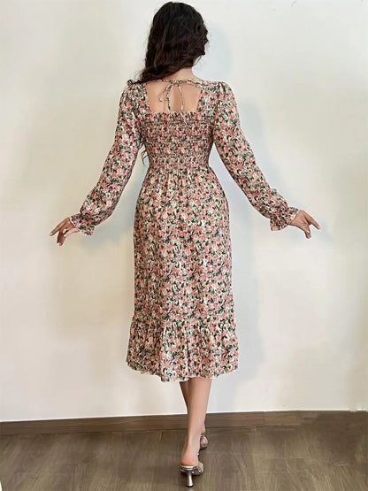 Long Sleeve Casual Chiffon Floral Elastic Chest Lace Up Midi Dress