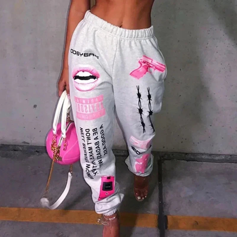 Printed Elastic Waist Sports Casual Pants