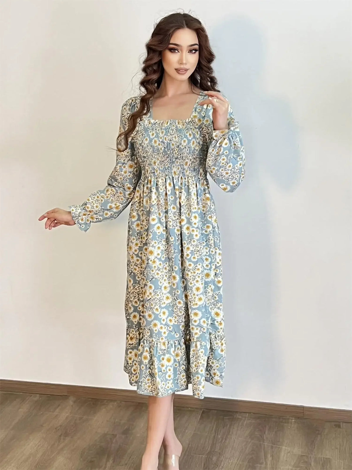 Long Sleeve Casual Chiffon Floral Elastic Chest Lace Up Midi Dress