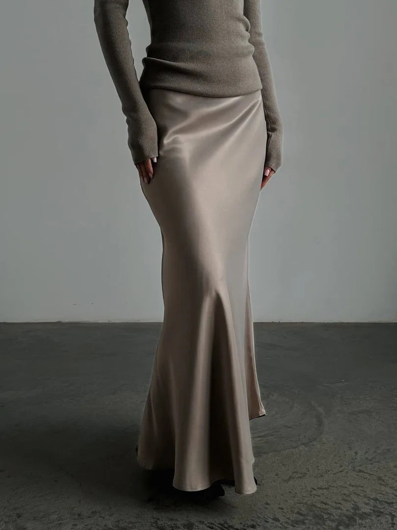 Faldas largas informales de satén, sueltas, de talle alto