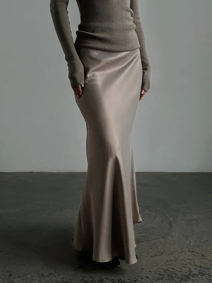 Faldas largas informales de satén, sueltas, de talle alto