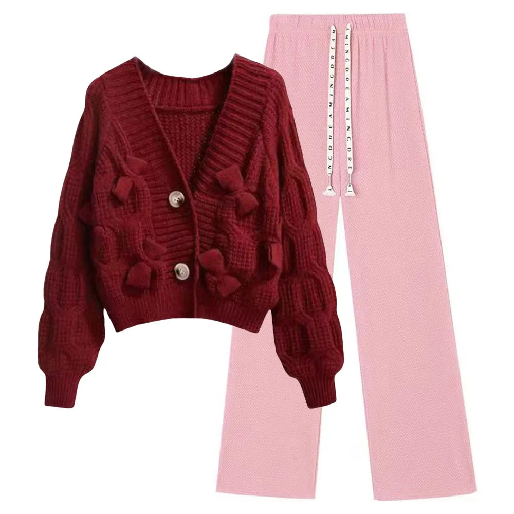 Korean Sweet Bow Outfit Long Sleeve Cardigan Knitwear Wide Leg Pants Set