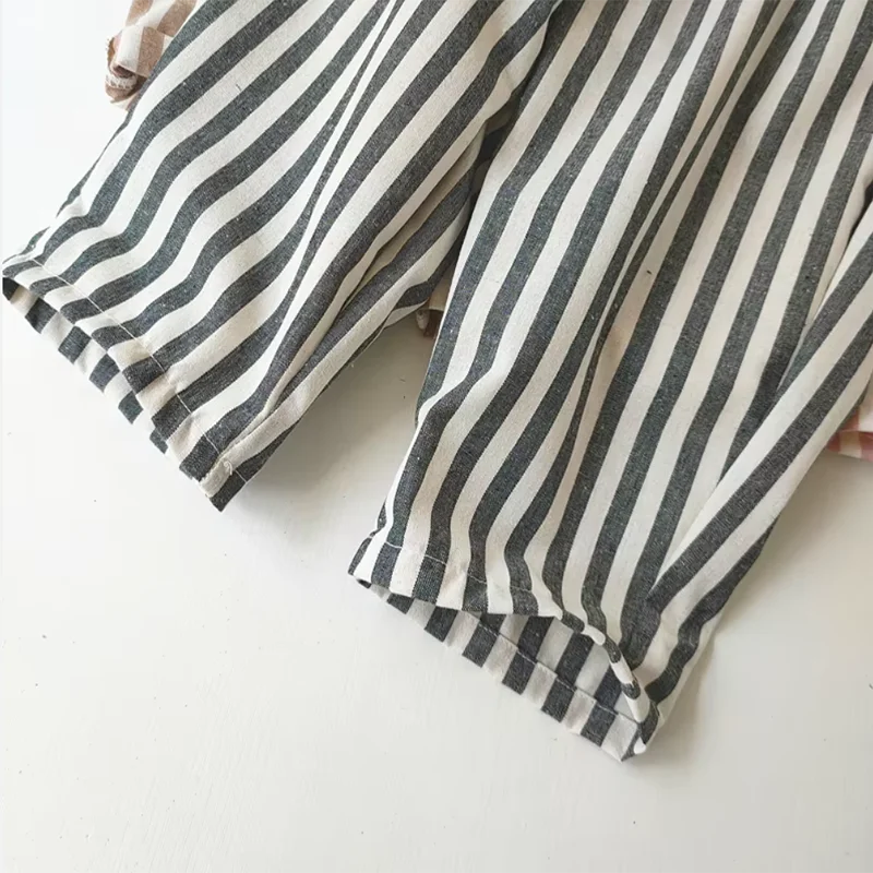 Retro Hemp Cotton Striped Casual Elastic Waist Pants