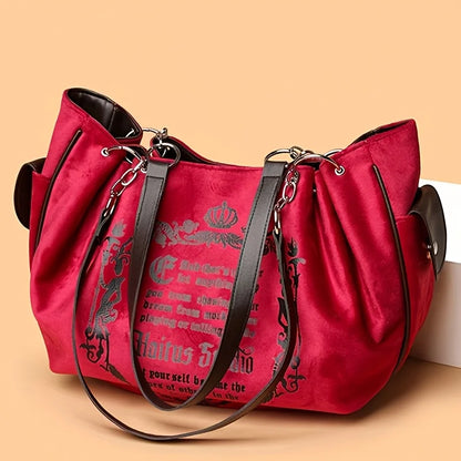 Letter Print Faux Suede Handbag