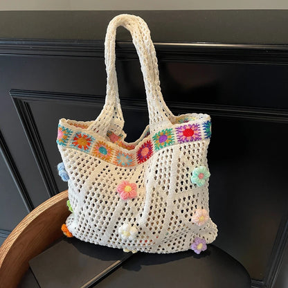 Flower Beach Tote Colorful Beads Floral Trim Natural Straw Crochet Shoulder Bag