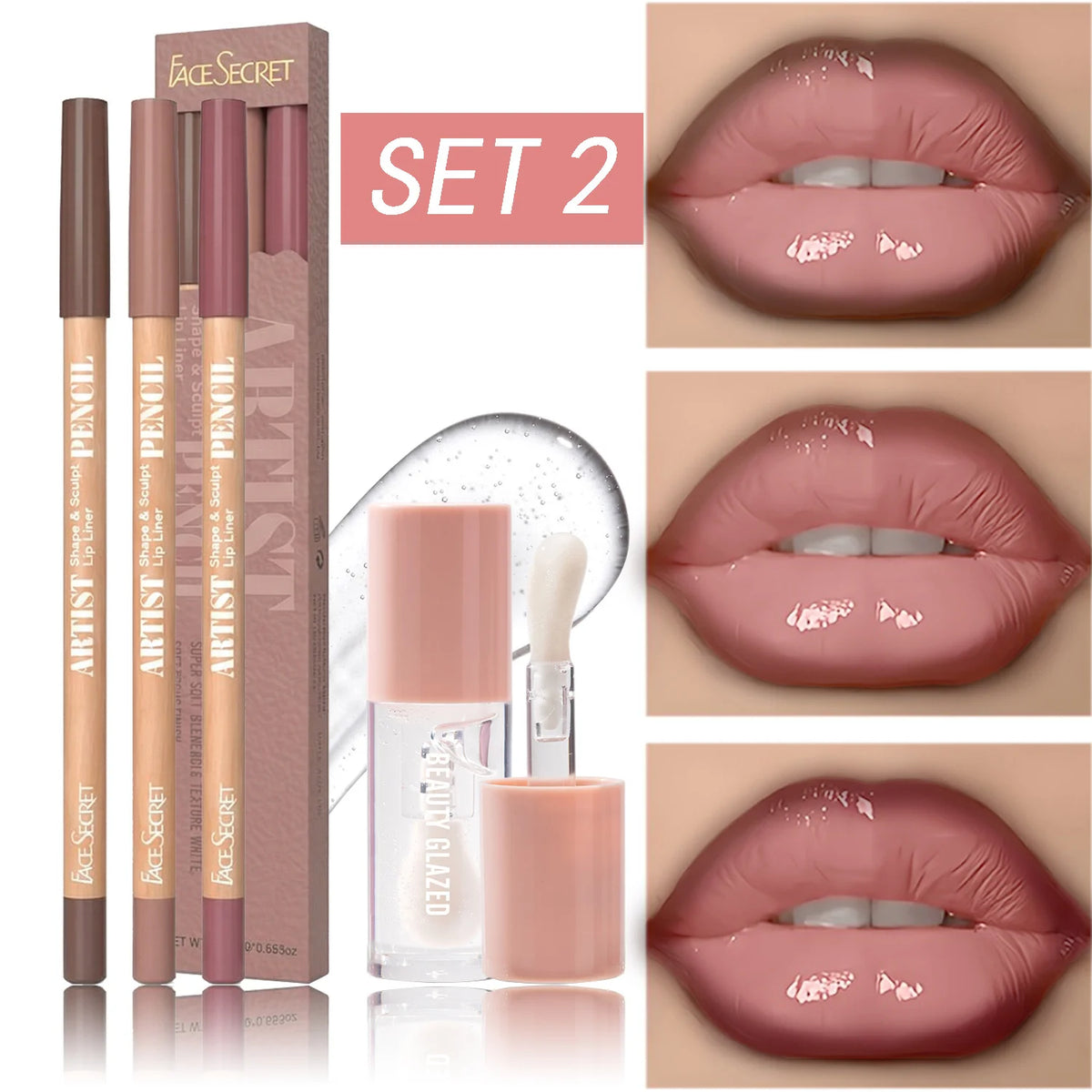 4Pcs Lip Liner & Lip Gloss Set Waterproof Long-lasting