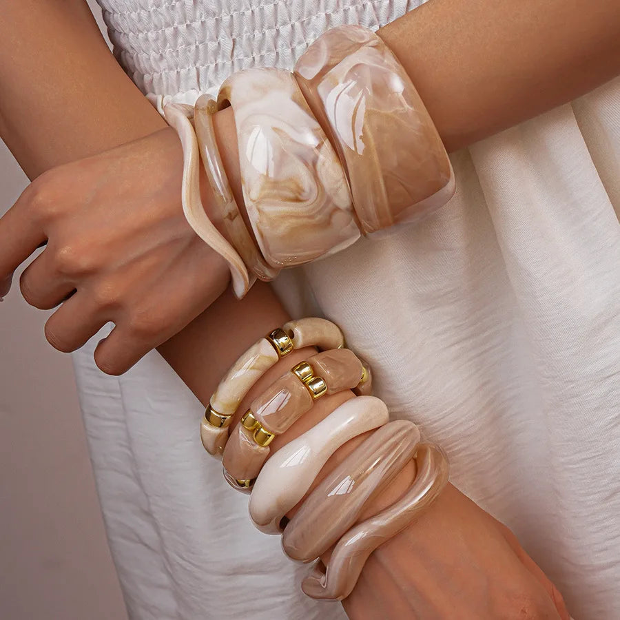 Vintage Smudging Beige Coffee Acrylic Cuff Wide Resin Bracelet