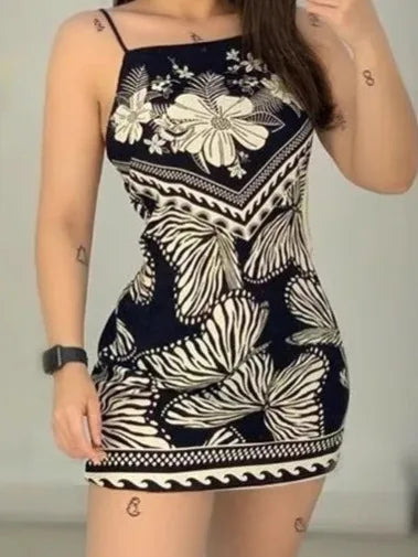 Butterfly Print Pattern Thin Shoulder Strap Sleeveless sexy Dress