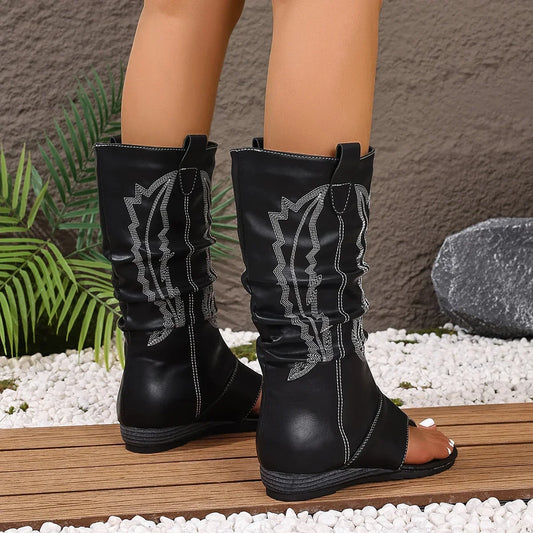 Embroidered Clip-Toe Wedge Heel Stylish Breathable Western Boots