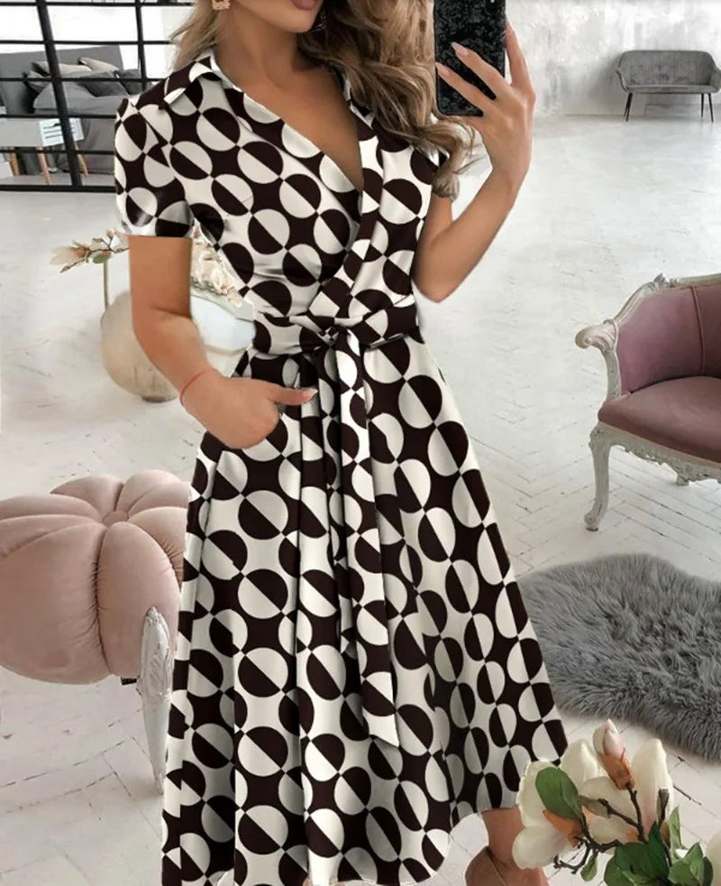 Short Sleeve Wrap V Neck Midi Dress