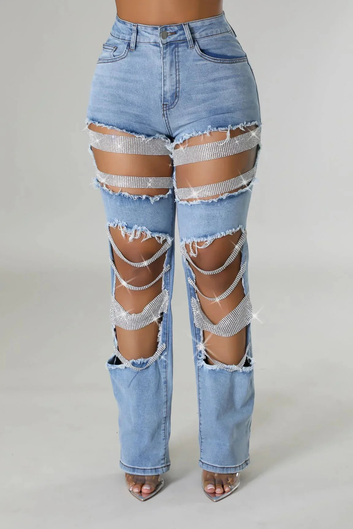 Ripped Straight Diamonds Chain Stretch High Waist Jeans Pants