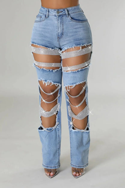 Ripped Straight Diamonds Chain Stretch High Waist Jeans Pants