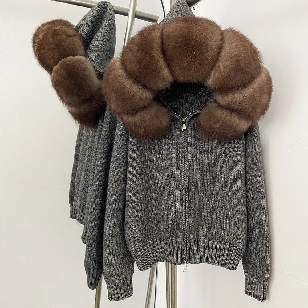 Autumn Winter Casual Hooded Real Fox Fur Collar Short Knitted Jacket