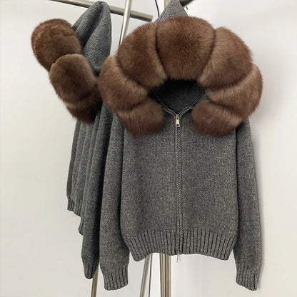 Autumn Winter Casual Hooded Real Fox Fur Collar Short Knitted Jacket