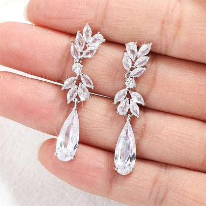 White Zircon Leaf Dangle Shinny Water Drop Crystal Earring