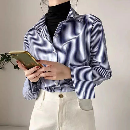 Classic Striped Long Lantern Sleeve Blouse Shirt