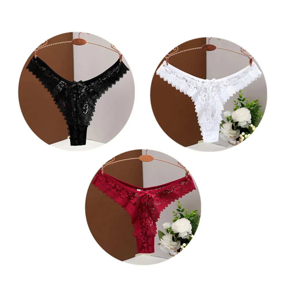 3PC Sexy T Back Thong Mid Waist Lace Transparent Underwear