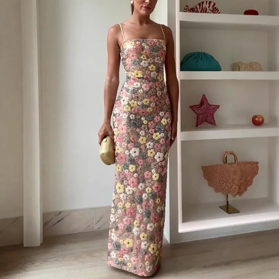 Flowers Sequin Patchwork Slim Long Dress
