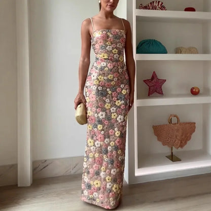 Flowers Sequin Patchwork Slim Long Dress