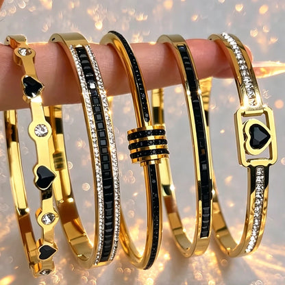 5/1pcs Golden Stainless Steel With Sparkling Black Zircon Bracelets