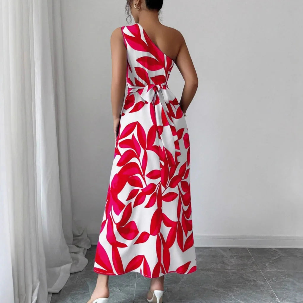 Cross-Border Floral Print Asymmetrical Shoulder Split Long Dress