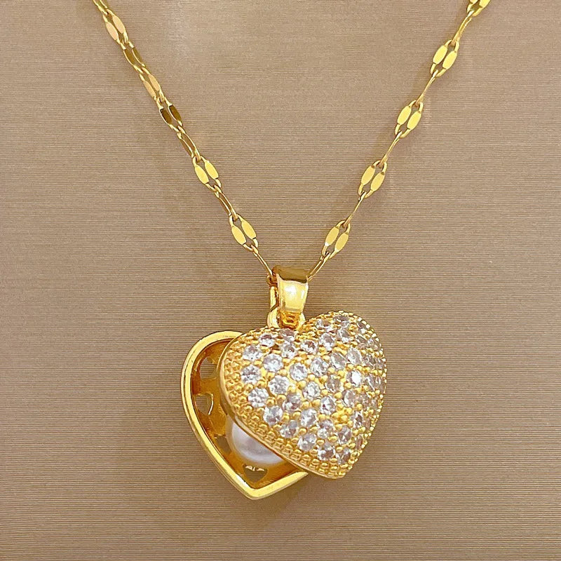 Openable Shell Pearl Necklace Rhinestone Jewelry