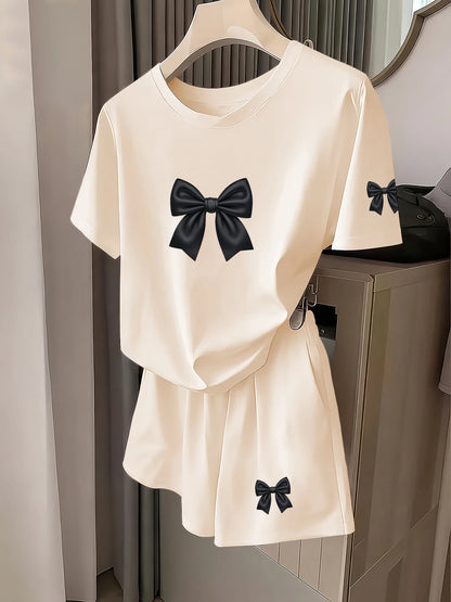 French Retro Style Elegant Bow Print Short-Sleeve Set