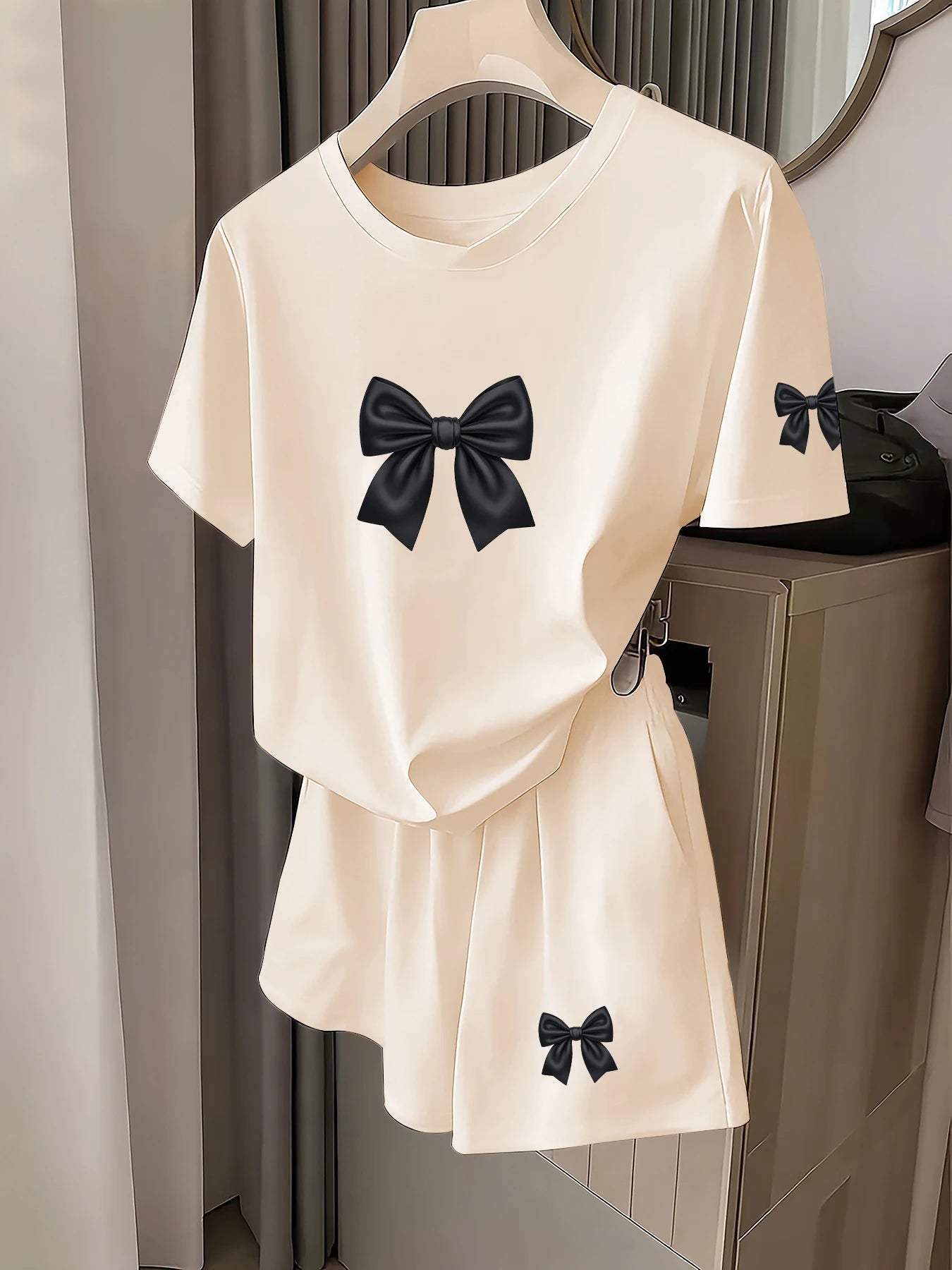 French Retro Style Elegant Bow Print Short-Sleeve Set