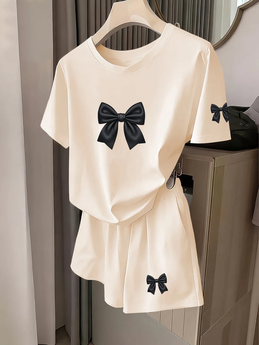 French Retro Style Elegant Bow Print Short-Sleeve Set