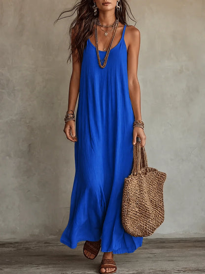 Loose Stain A-Line Long Dress with Thin Straps