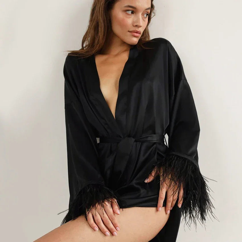 Feather Bathrobes Satin Sexy Robe