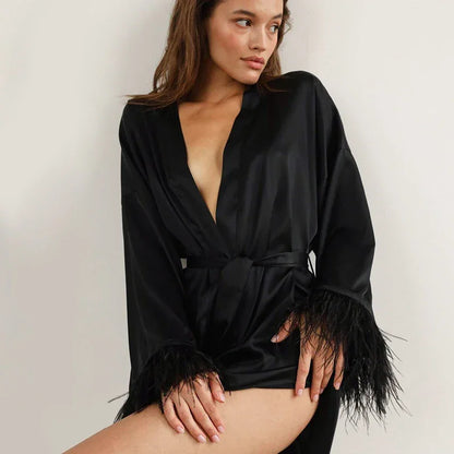 Feather Bathrobes Satin Sexy Robe