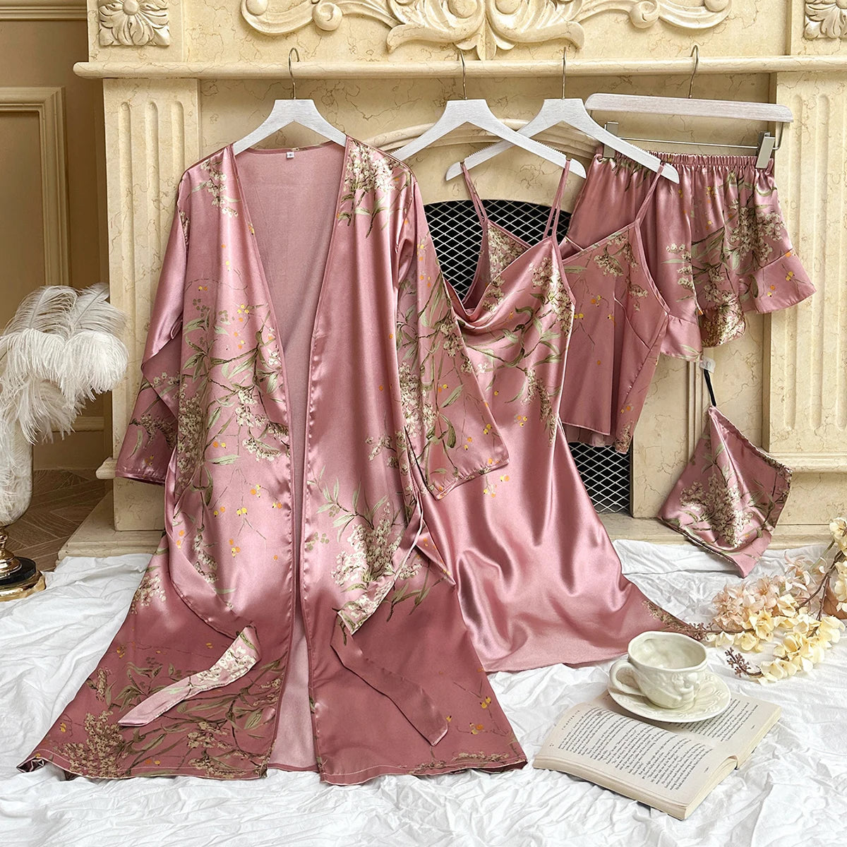 5pcs Floral Print Long Sleeve Robe Cami Dress Pajamas Sets