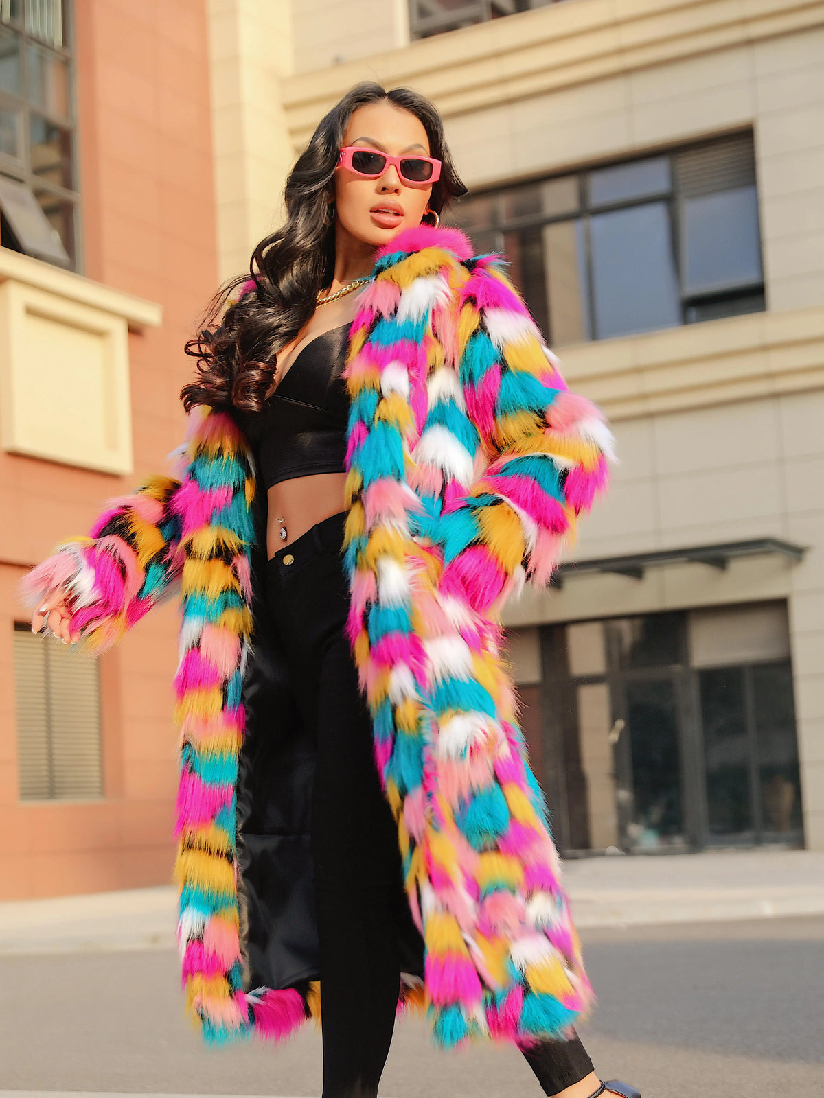 Elegant Faux Fur Rainbow Long Artificial Turf Coat