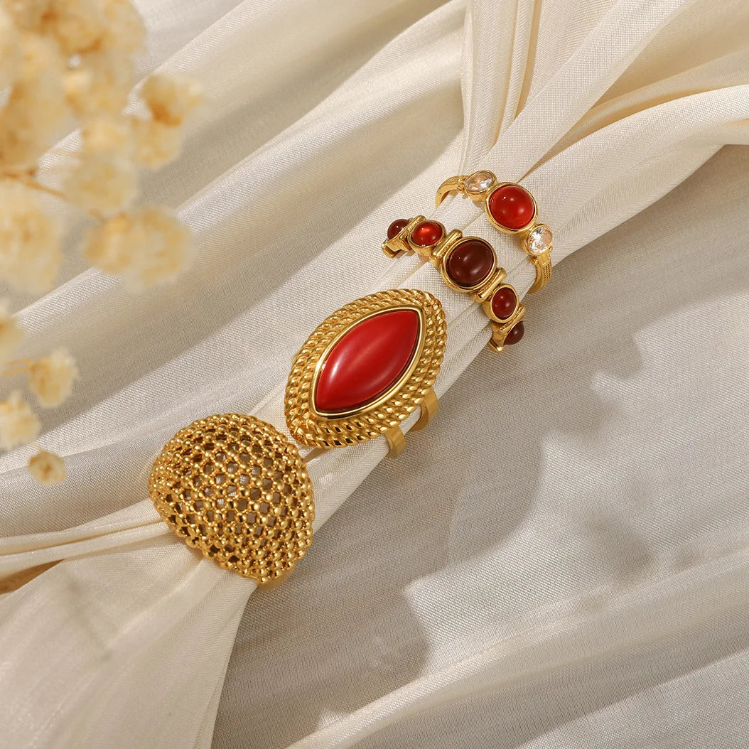 Ars Red Agate Stone Rings 18k Gold Plated Stainless Steel Ring