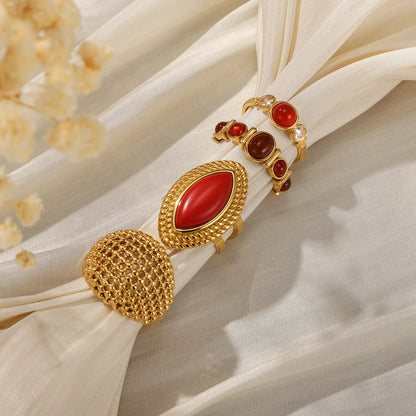 Ars Red Agate Stone Rings 18k Gold Plated Stainless Steel Ring