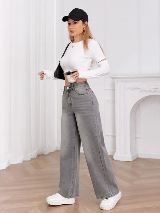 Sky Gray Wide Leg Comfortable Match Jeans