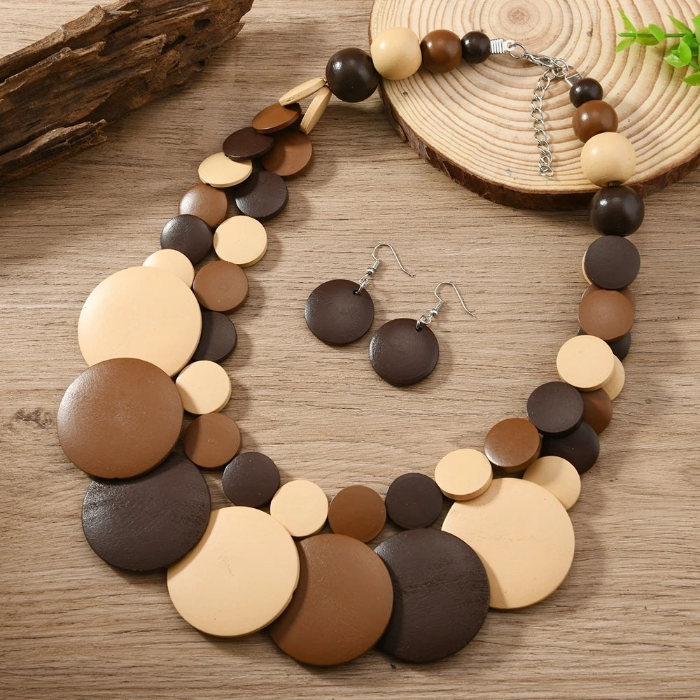 African Bohemian Geometric Wooden Handmade Necklace