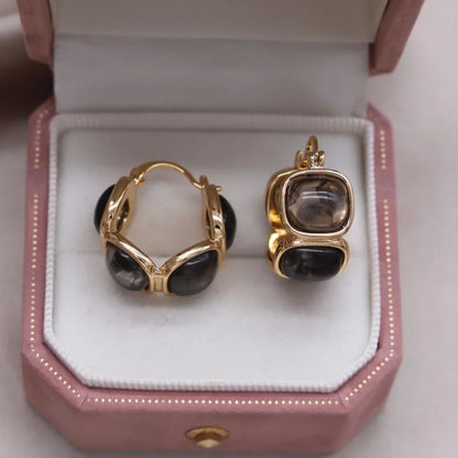 Korean design 14K gold plated round amber resin earrings