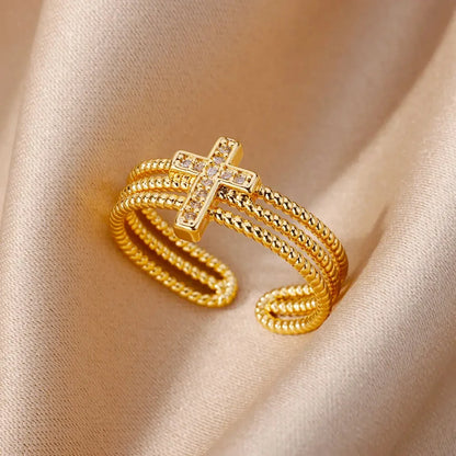 Chain Hollow Out Gold Stainless Steel Zircon Cross Ring