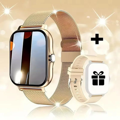Gold mesh band smart watch with a bonus cream silicone strap in a sparkling background