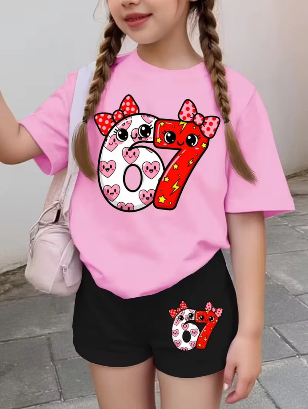 67 Six Seven Cute Bows Flowers Print Short Sleeve T-Shirt Set