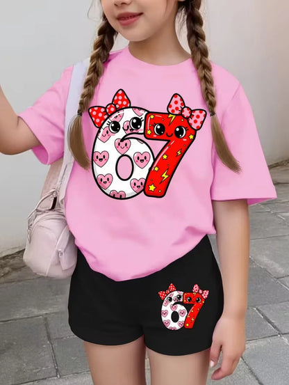 67 Six Seven Cute Bows Flowers Print Short Sleeve T-Shirt Set