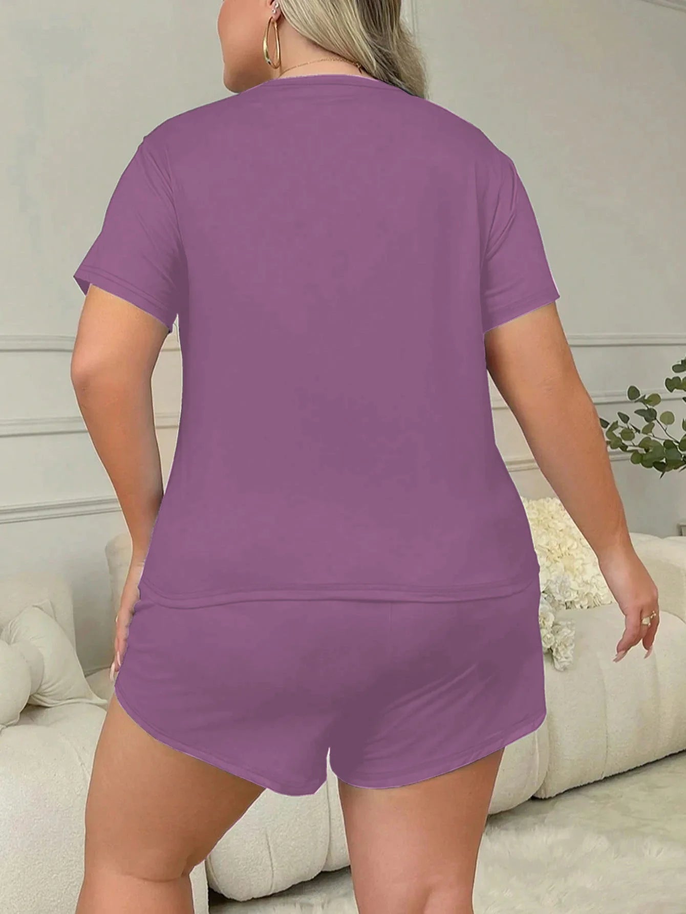 Letters Print Short Sleeve Tee And Elastic Shorts Plus Size Fit Pajama Set
