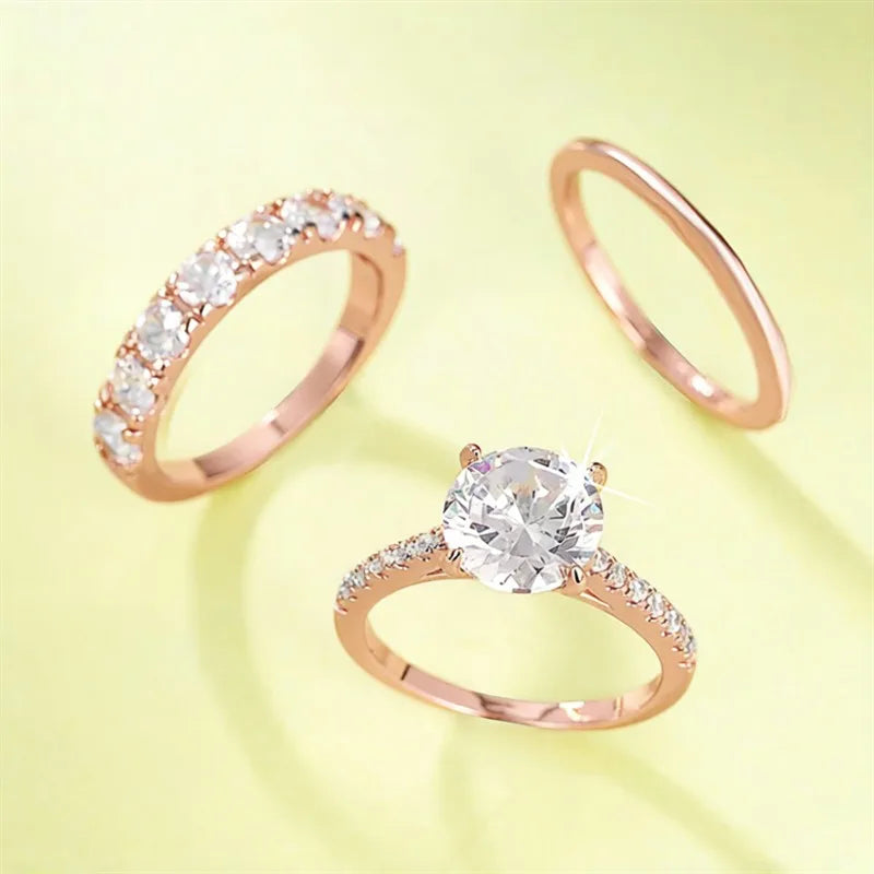 3Pcs Shiny Round Zirconia Ring Set