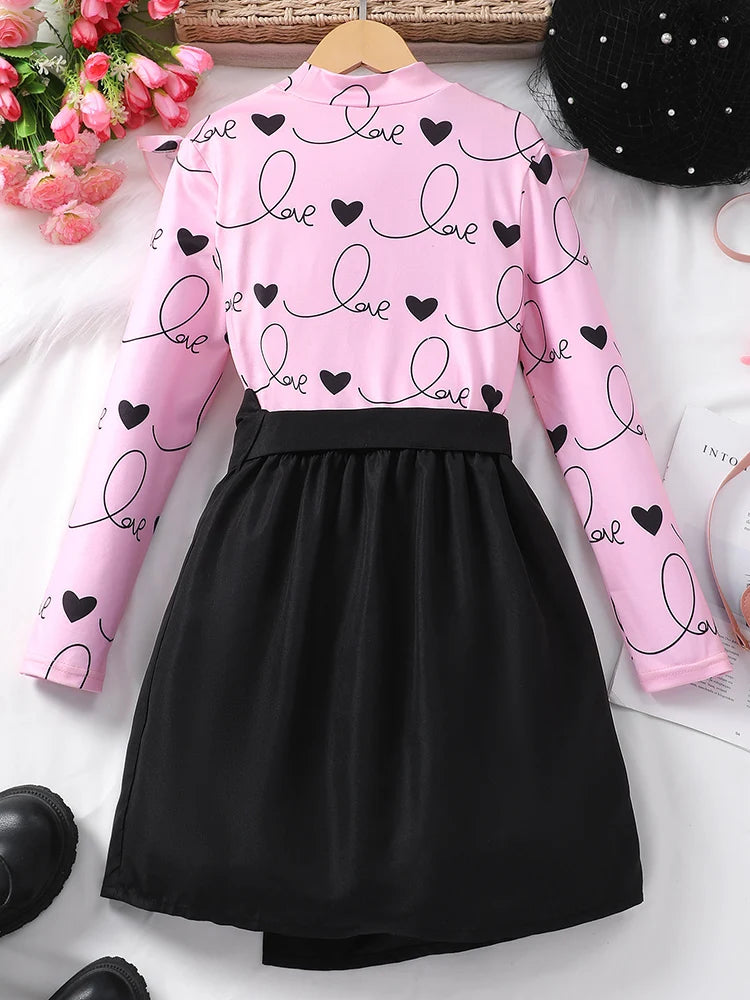 Autumn And Winter Sweet And Cute Love Long Sleeve &Half Skirt Two Set
